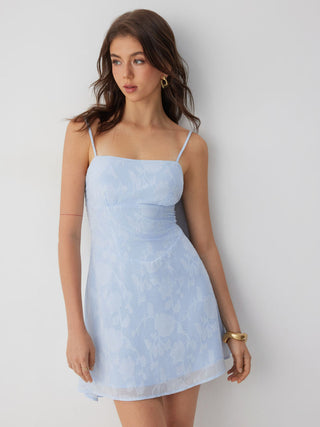 Jacquard Floral Square Neck Ruched A-line Mini Dress