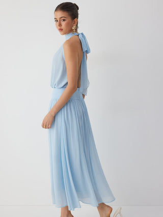 Chiffon Halter Neckline Backless A-Lined Maxi Dress