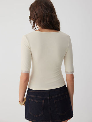 V-neck Middle Sleeve Lace Trim Tie Front Top