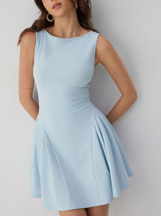 Boat Neck Pleated A-line Mini Dress