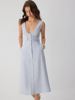 Linen-blend Stripe V-neck A-line Maxi Dress