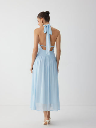 Chiffon Halter Neckline Backless A-Lined Maxi Dress