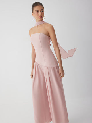 Chiffon Mid Rise Bandeau Asymmetrical Lace Up Wide Leg Jumpsuit With Scarf