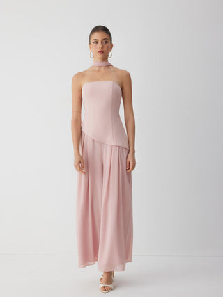 Chiffon Mid Rise Bandeau Asymmetrical Lace Up Wide Leg Jumpsuit With Scarf