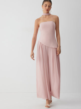 Chiffon Mid Rise Bandeau Asymmetrical Lace Up Wide Leg Jumpsuit With Scarf