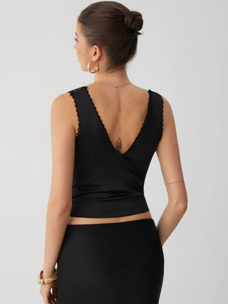 Satin V-neck Lace Trim Tank Top