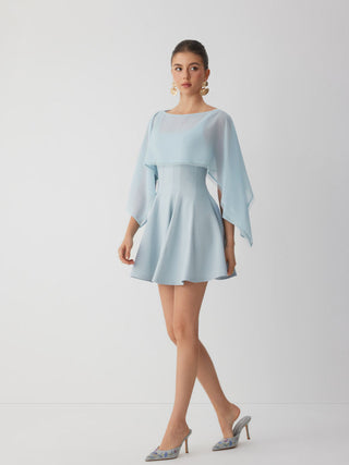 Chiffon Lace Trim Cape & Square Neck Flared Mini Dress Set