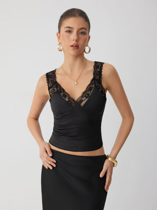Satin V-neck Lace Trim Tank Top
