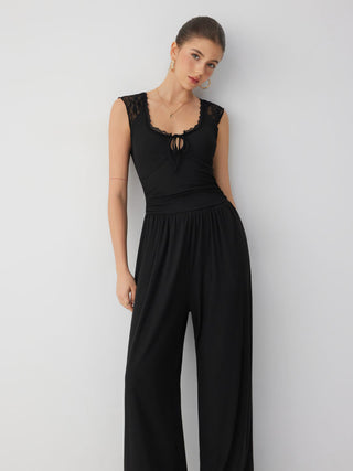 Mid Rise Lace Panel Lace Up Wide Leg Jumpsuit