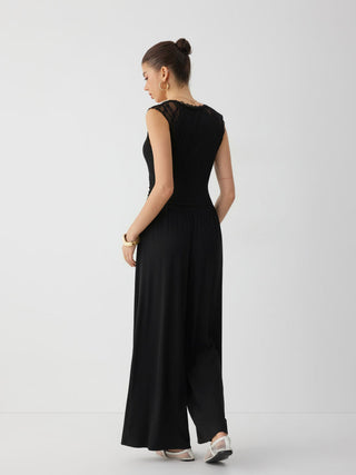 Mid Rise Lace Panel Lace Up Wide Leg Jumpsuit