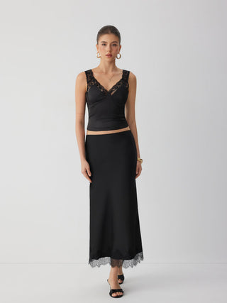 Satin V-neck Lace Trim Tank Top
