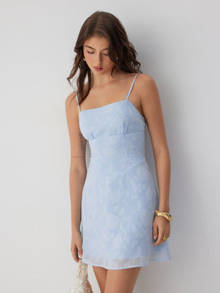 Jacquard Floral Square Neck Ruched A-line Mini Dress