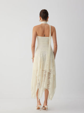 Asymmetric Lace Strapless Maxi Dress with Choker Scarf
