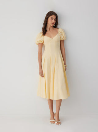 Cotton Sweetheart Neck Puff Sleeve Flared Midi Dress