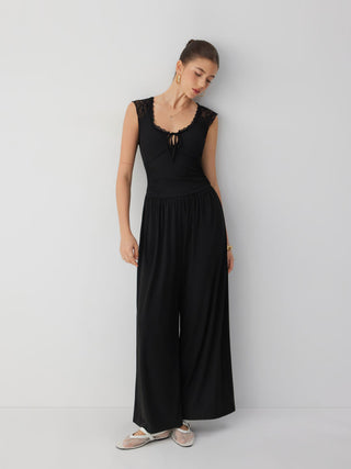 Mid Rise Lace Panel Lace Up Wide Leg Jumpsuit