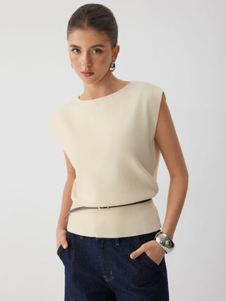 Knit Boat Neck Vest With Belt