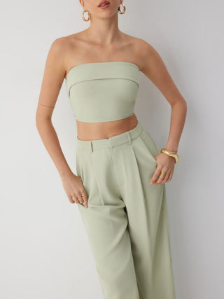 Two Piece Sets Woven Solid Shirred Tube Top & High Waist Pants Set For Daily Casual Exhibition Coffee Shop
