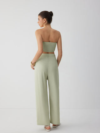 Two Piece Sets Woven Solid Shirred Tube Top & High Waist Pants Set For Daily Casual Exhibition Coffee Shop