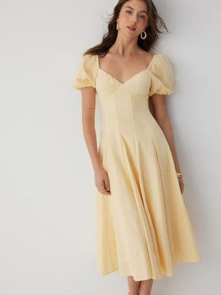 Cotton Sweetheart Neck Puff Sleeve Flared Midi Dress