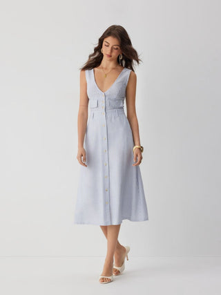 Linen-blend Stripe V-neck A-line Maxi Dress