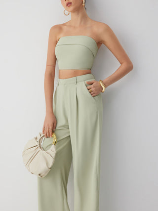 Two Piece Sets Woven Solid Shirred Tube Top & High Waist Pants Set For Daily Casual Exhibition Coffee Shop