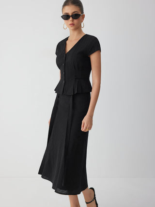 Cotton V-Neck Button Front Peplum Top & Mid Rise A-line Maxi Skirt Set With Belt
