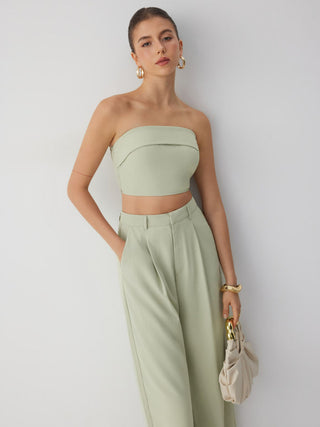 Two Piece Sets Woven Solid Shirred Tube Top & High Waist Pants Set For Daily Casual Exhibition Coffee Shop