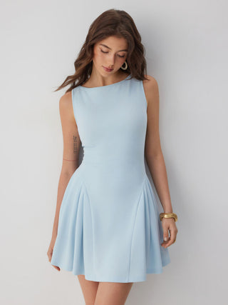 Boat Neck Pleated A-line Mini Dress