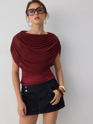 Knit Boat Neck Ruched Bolero Top