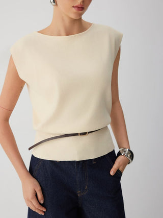 Knit Boat Neck Vest With Belt