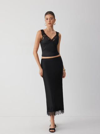 Satin V-neck Lace Trim Tank Top