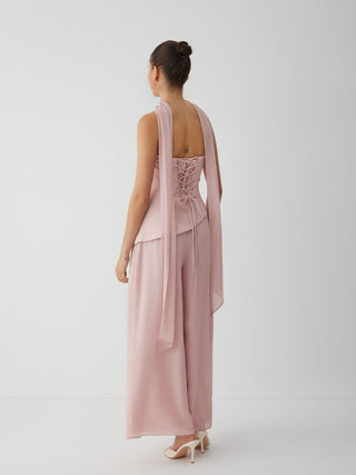 Chiffon Mid Rise Bandeau Asymmetrical Lace Up Wide Leg Jumpsuit With Scarf