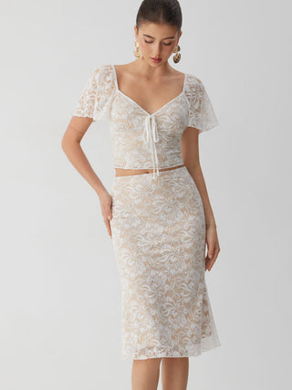 Mesh Sweetheart Floral Lace Ruffled Top & Lettuce Trim Mermaid Maxi Skirt Set