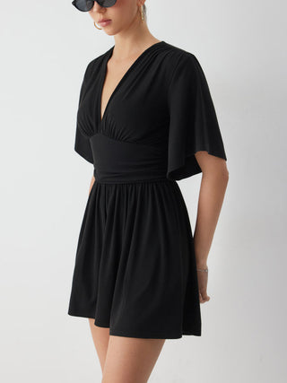 Textured V-neck Ruched Mid Rise Bell Sleeve Romper