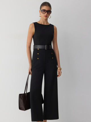 Boat Neck Metal Detail Mid Rise Wide Leg Jumpsuit With Belt
