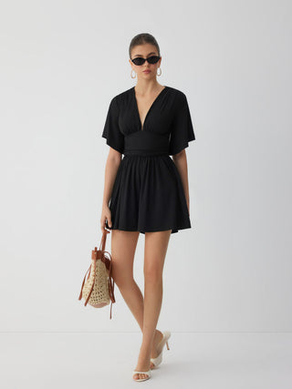 Textured V-neck Ruched Mid Rise Bell Sleeve Romper