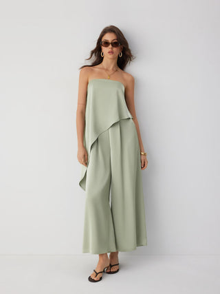 Satin Strapless Asymmetrical Mid Rise Oversized Wide Leg Jumpsuit