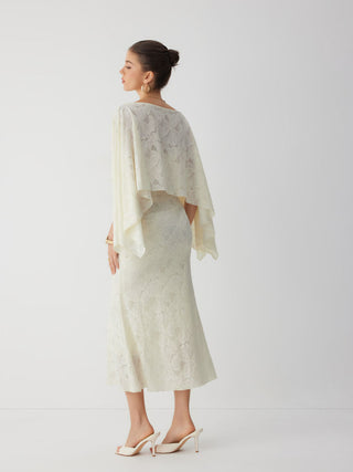 Lace Floral Asymmetrical Neck Top & Mid Rise Mermaid Maxi Skirt Set