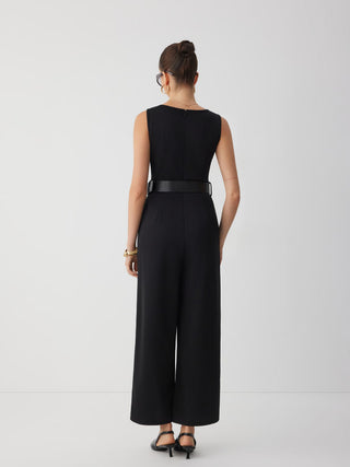 Boat Neck Metal Detail Mid Rise Wide Leg Jumpsuit With Belt