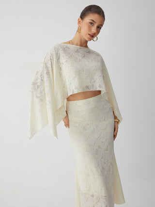 Lace Floral Asymmetrical Neck Top & Mid Rise Mermaid Maxi Skirt Set