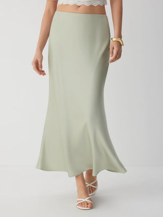 Satin Mid Rise Ruffle Bias Maxi Skirt