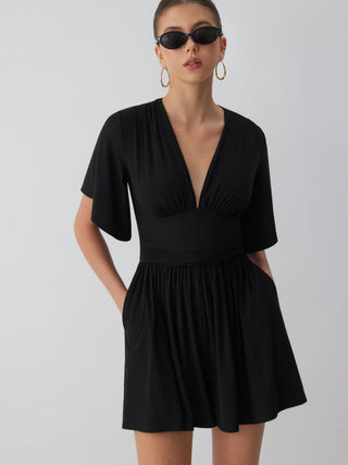 Textured V-neck Ruched Mid Rise Bell Sleeve Romper