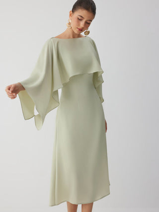 Satin Boat Neck Cloak Sleeve Bolero Flared Maxi Dress