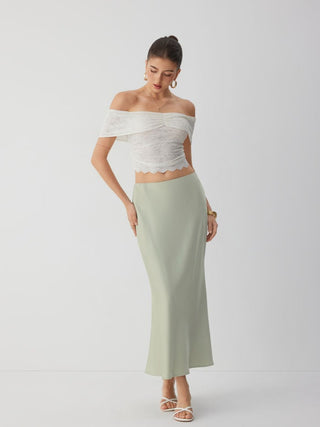 Satin Mid Rise Ruffle Bias Maxi Skirt