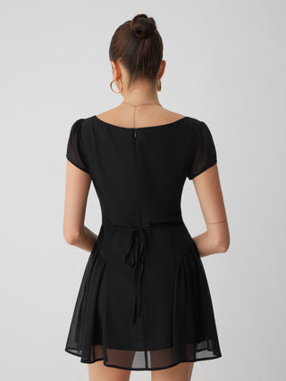 Chiffon Boat Neck Ruched A-line Mini Dress