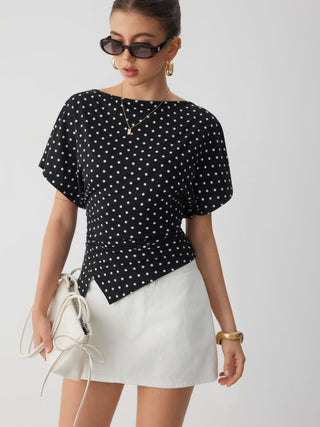 Polka Dot Boat Neck Batwing Sleeve Ruched Asymmetrical Tee