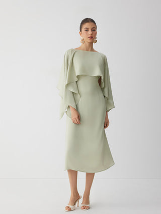Satin Boat Neck Cloak Sleeve Bolero Flared Maxi Dress