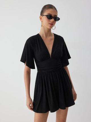 Textured V-neck Ruched Mid Rise Bell Sleeve Romper