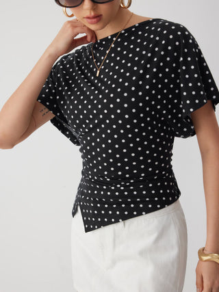 Polka Dot Boat Neck Batwing Sleeve Ruched Asymmetrical Tee