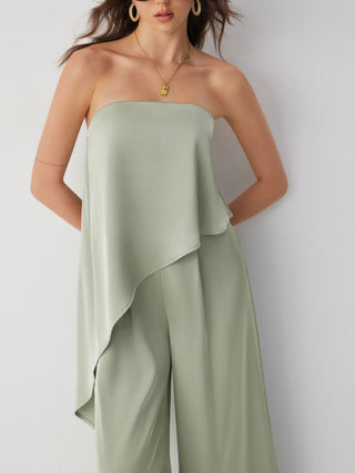 Satin Strapless Asymmetrical Mid Rise Oversized Wide Leg Jumpsuit